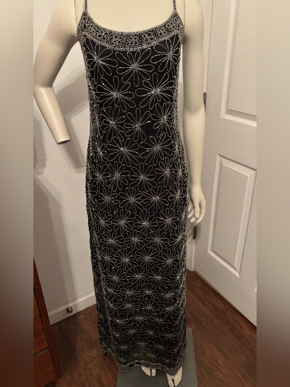 Papell Boutique evening Black Beaded Floral Maxi Slip Dress vintage 14